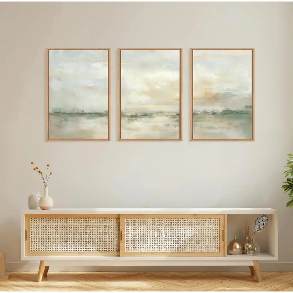 LHIUEM 3Piece Abstract Landscape Framed Wall Art Green Beige 24x36 Canvas New OB